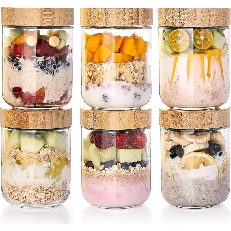 6-Pack Overnight Oats Containers with Airtight Lids, 16Oz Wide Mouth Mason Salad Jars, Glass Storage Containers for Snacks Sugar Yogurt