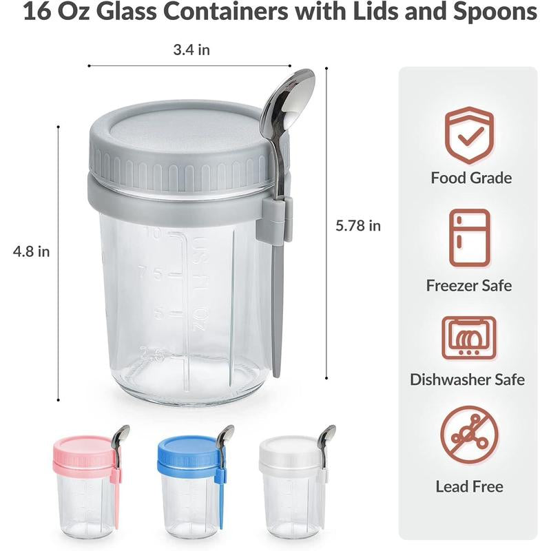 4 Pack Overnight Oats Containers with Lids and Spoons 16 Oz Glass Mason Jars for Overnight Oats Leak Proof Oatmeal Container for Cereal Fruit Vegetable Milk Salad Yogurt Meal Prep