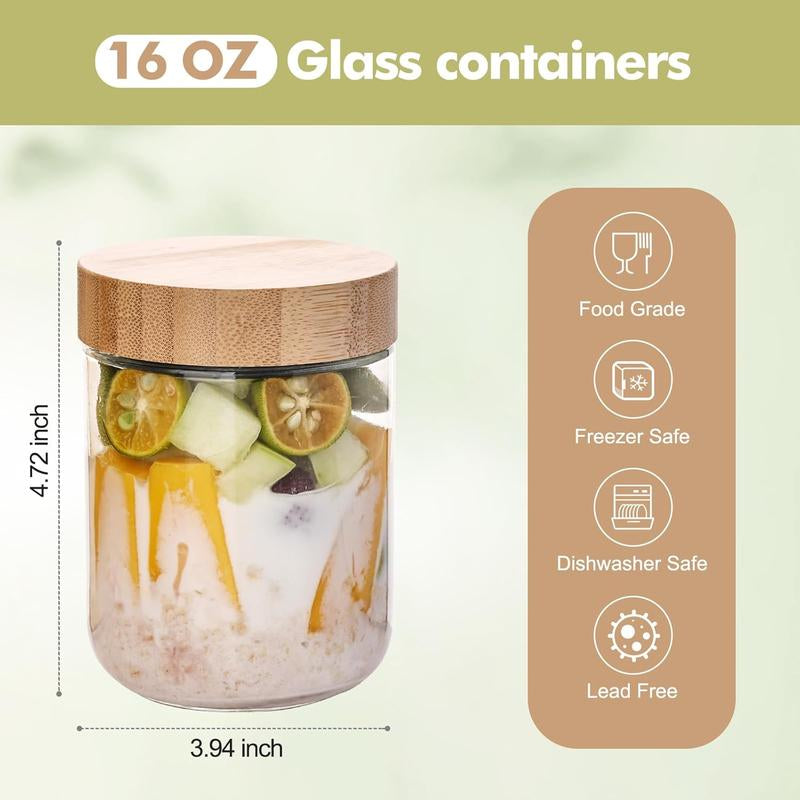 6-Pack Overnight Oats Containers with Airtight Lids, 16Oz Wide Mouth Mason Salad Jars, Glass Storage Containers for Snacks Sugar Yogurt