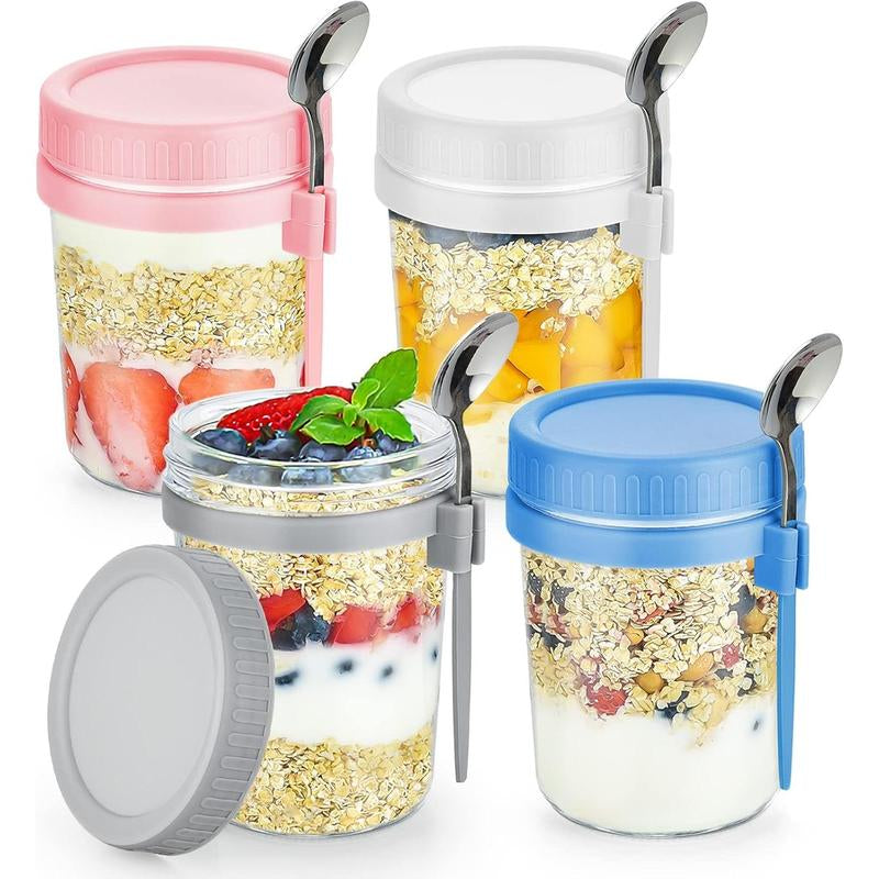 4 Pack Overnight Oats Containers with Lids and Spoons 16 Oz Glass Mason Jars for Overnight Oats Leak Proof Oatmeal Container for Cereal Fruit Vegetable Milk Salad Yogurt Meal Prep