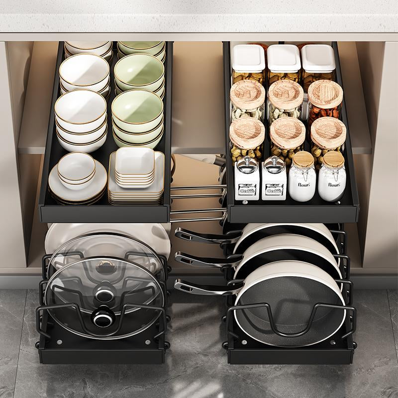 Adjustable Pot Rack Heavy Duty Steel Pull Out Organizer Dual Ball Bearing Slides Deep Cabinet Storage Max Load Space Saver
