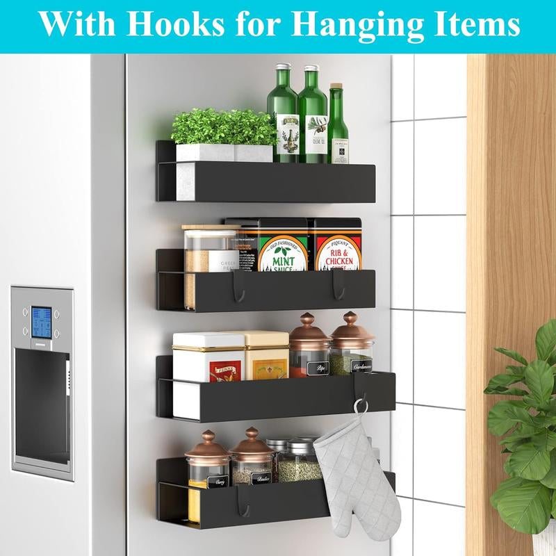 4-Pack Magnetic Spice Rack for Refrigerator & Oven – Metal Fridge Organizer with Hooks, Black Kitchen Storage Solution