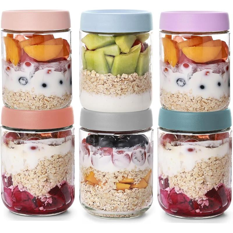 6-Pack Overnight Oats Containers with Airtight Lids, 16Oz Wide Mouth Mason Salad Jars, Glass Storage Containers for Snacks Sugar Yogurt