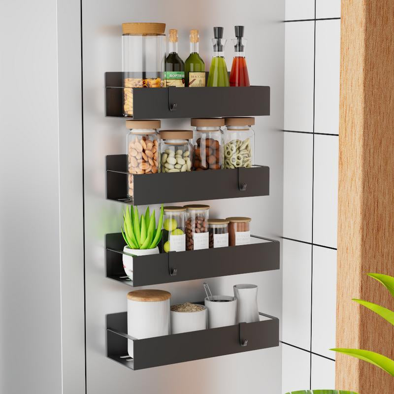 4-Pack Magnetic Spice Rack for Refrigerator & Oven – Metal Fridge Organizer with Hooks, Black Kitchen Storage Solution