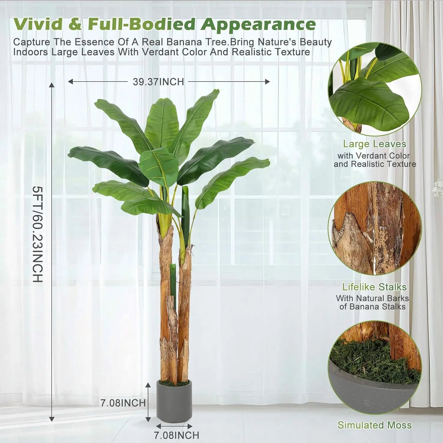 Artificial Banana Tree 5ft/6ft/7ft Faux Banana Tree with  Planter Artificial Plants with Faux Banana Leaves Plant for Home Offic