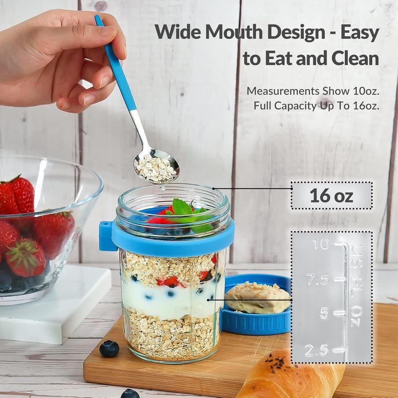 4 Pack Overnight Oats Containers with Lids and Spoons 16 Oz Glass Mason Jars for Overnight Oats Leak Proof Oatmeal Container for Cereal Fruit Vegetable Milk Salad Yogurt Meal Prep