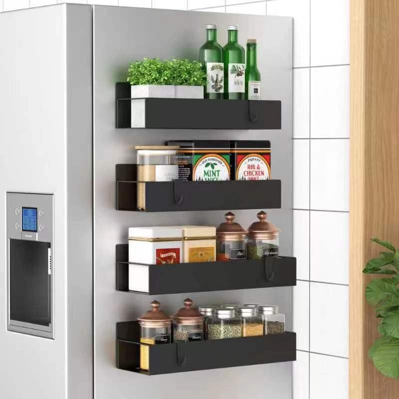 4-Pack Magnetic Spice Rack for Refrigerator & Oven – Metal Fridge Organizer with Hooks, Black Kitchen Storage Solution
