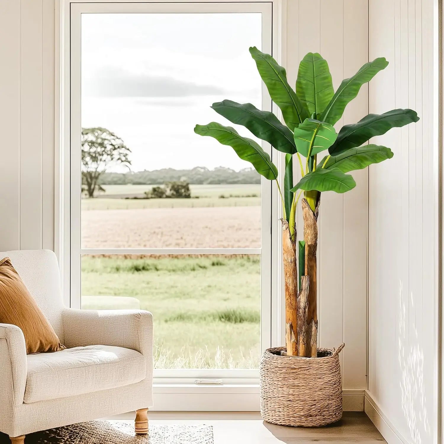 Artificial Banana Tree 5ft/6ft/7ft Faux Banana Tree with  Planter Artificial Plants with Faux Banana Leaves Plant for Home Offic