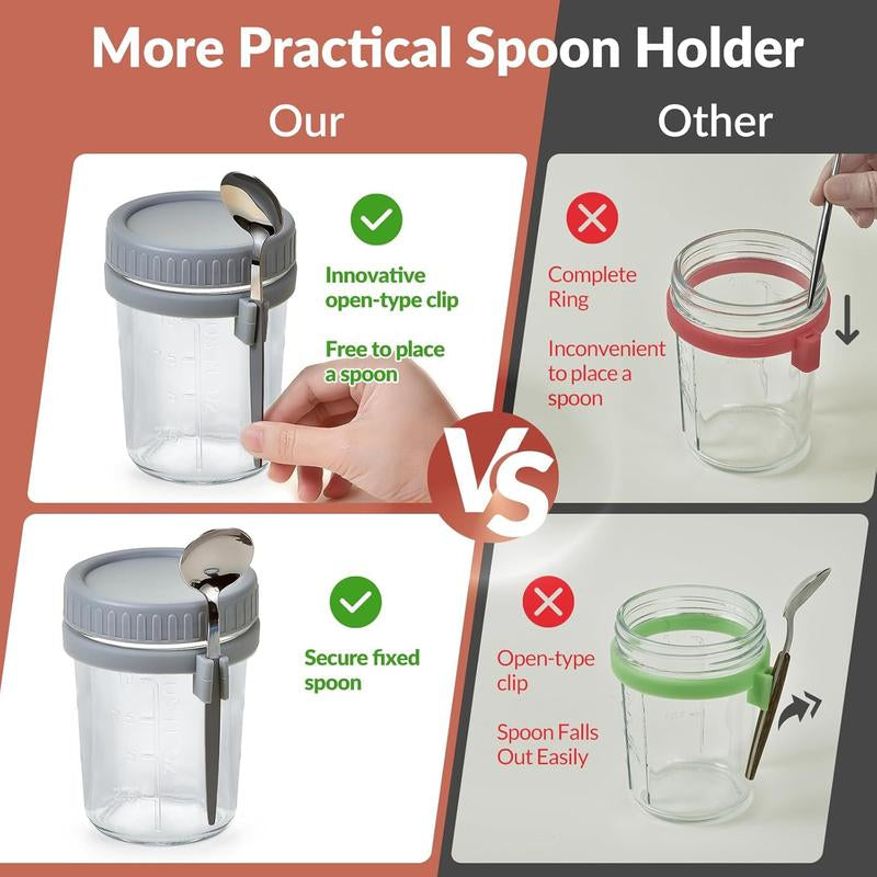4 Pack Overnight Oats Containers with Lids and Spoons 16 Oz Glass Mason Jars for Overnight Oats Leak Proof Oatmeal Container for Cereal Fruit Vegetable Milk Salad Yogurt Meal Prep