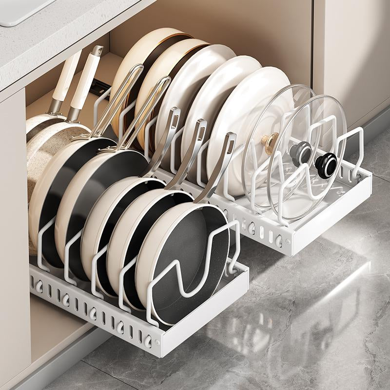 Adjustable Pot Rack Heavy Duty Steel Pull Out Organizer Dual Ball Bearing Slides Deep Cabinet Storage Max Load Space Saver