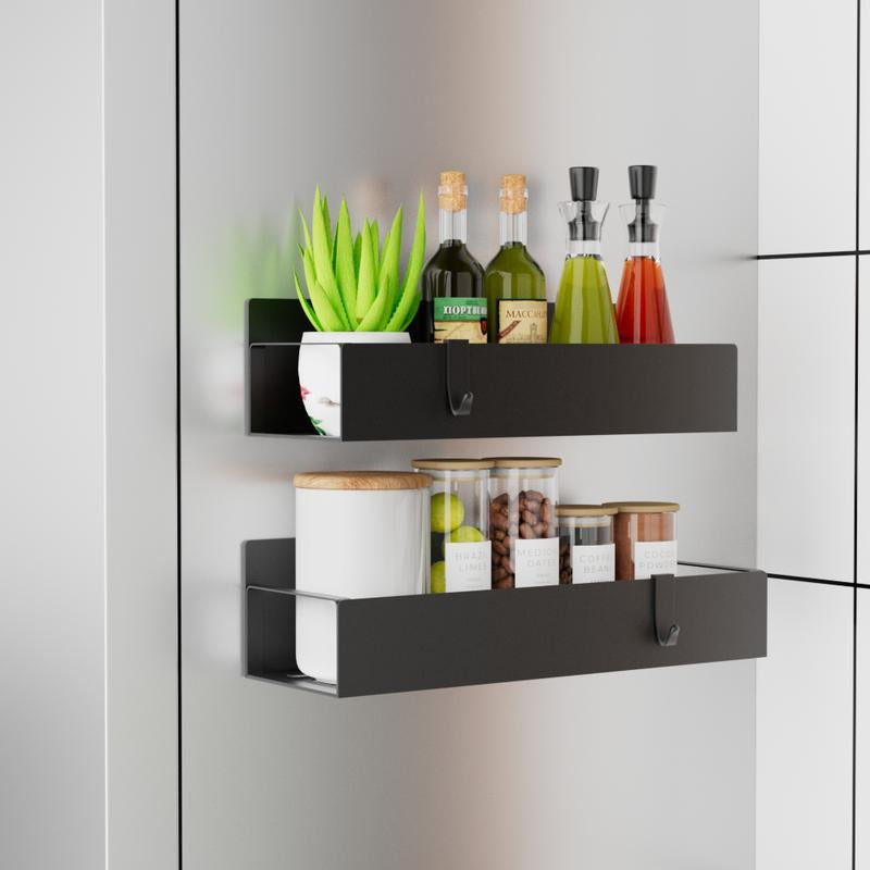 4-Pack Magnetic Spice Rack for Refrigerator & Oven – Metal Fridge Organizer with Hooks, Black Kitchen Storage Solution