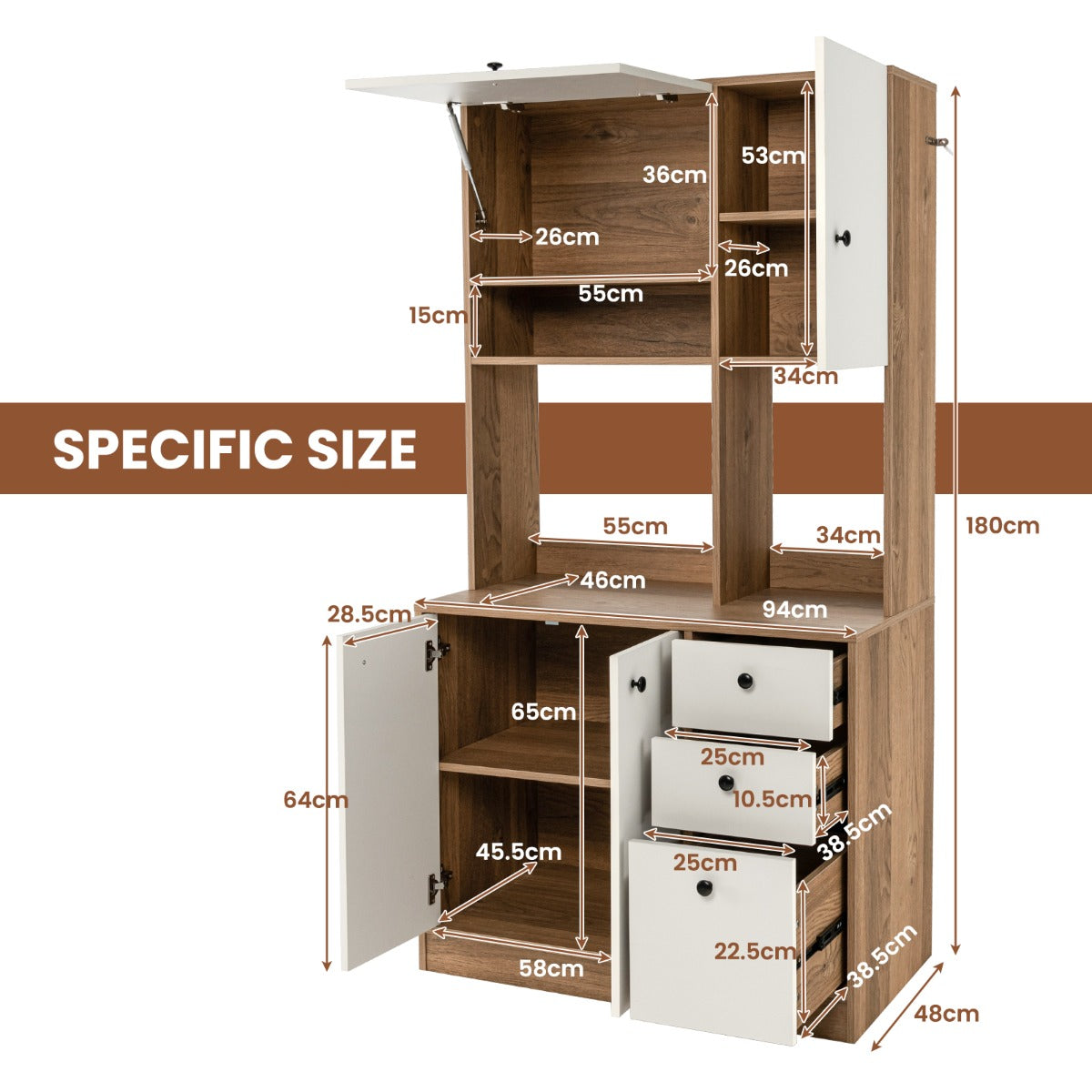 NNECW Freestanding Kitchen Pantry Cabinet with Wide Countertop and Adjustable Shelves for Kitchen/Dining Room