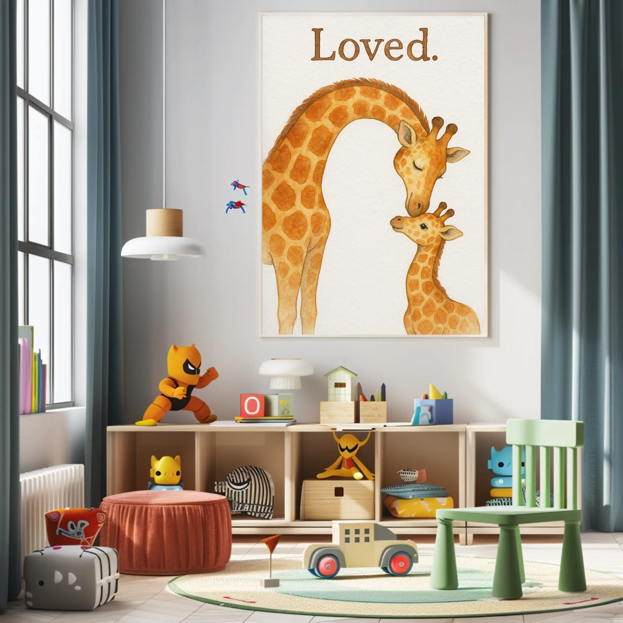 Loved Giraffe Family Watercolour Nursery Children's Room Wall Decor Print-2