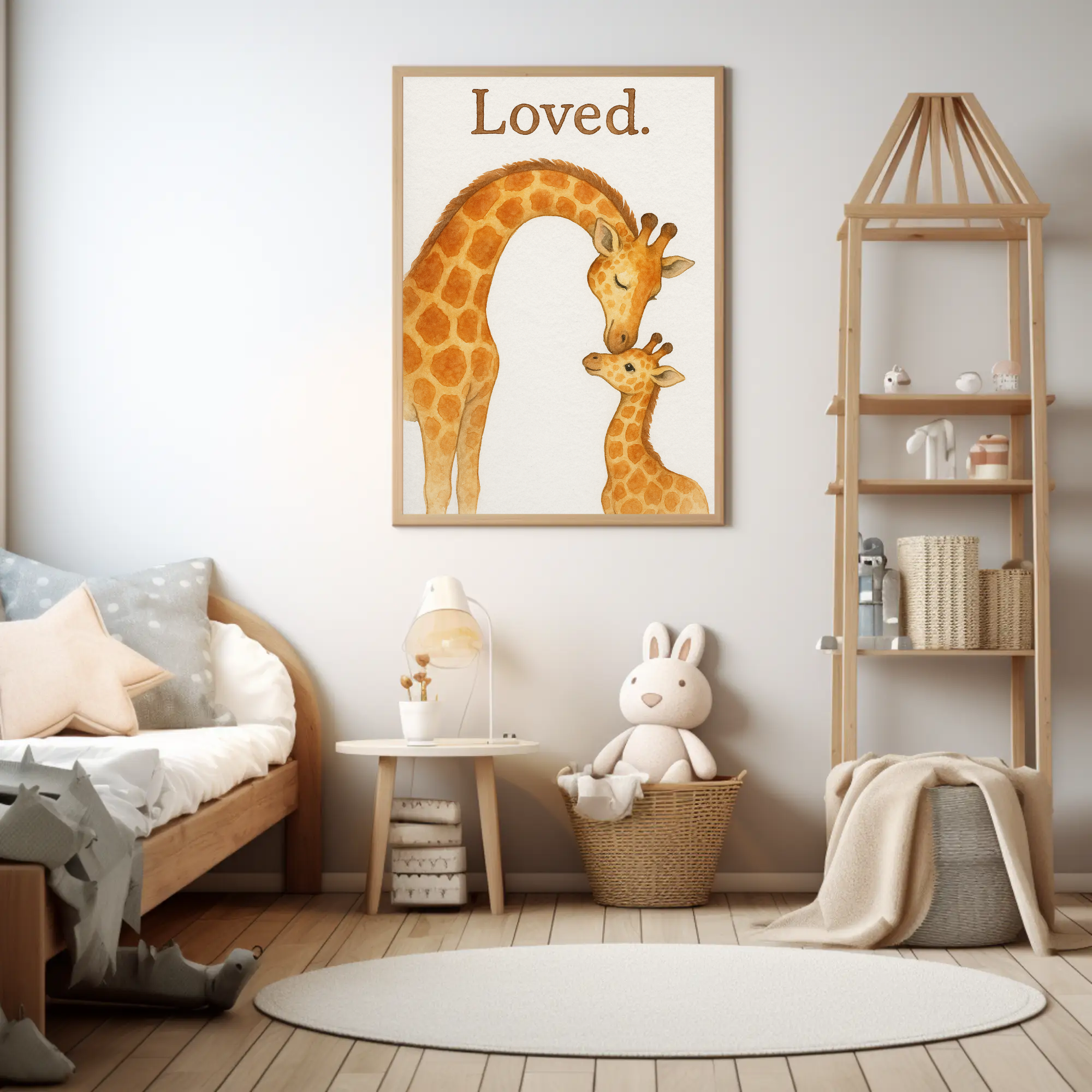 Loved Giraffe Family Watercolour Nursery Children's Room Wall Decor Print-0